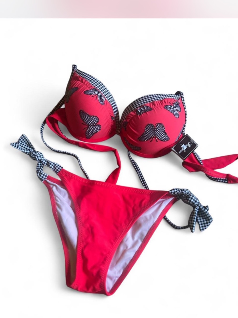 Hot pink Butterfly Print Bikini with Gingham Trim